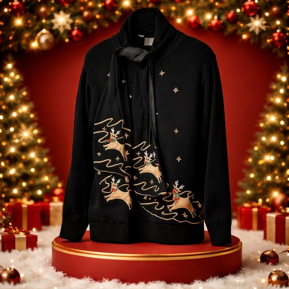 Lemon Grass Sweaters - Vintage Lemon Grass  "Rudolph" reindeer Cardigan Small Black Detach Scarf